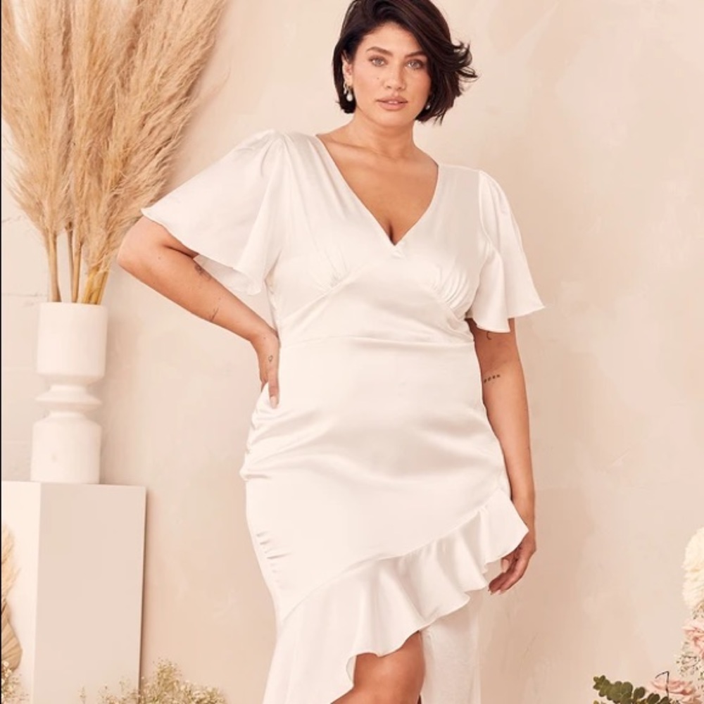 Lulus Eternal Bond White Satin Ruffled Flutter Sleeve Dress